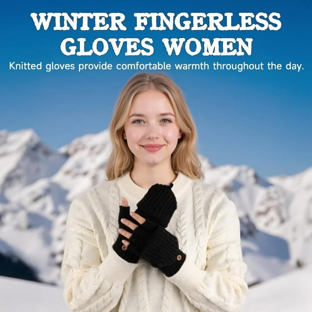 Women's Winter Warm Mittens Knitted Black Gloves Fingerless Button Closure